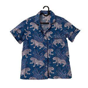 Print Fresh Blue Bagheera Cheetah Leopard Pajama Shirt Top Cotton Womens XSmall